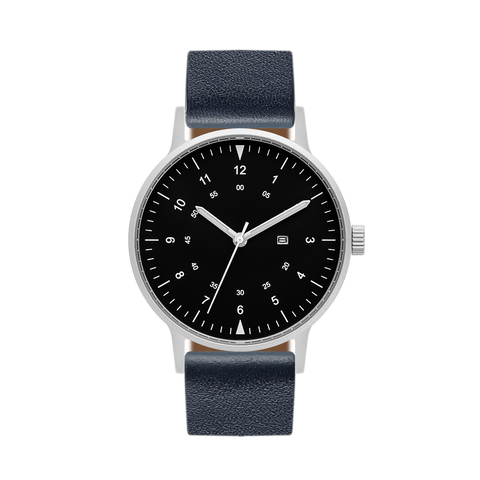 B70 Watch, Silver Case, Black Dial, Calendar, Luminous, Leather Strap - Navy