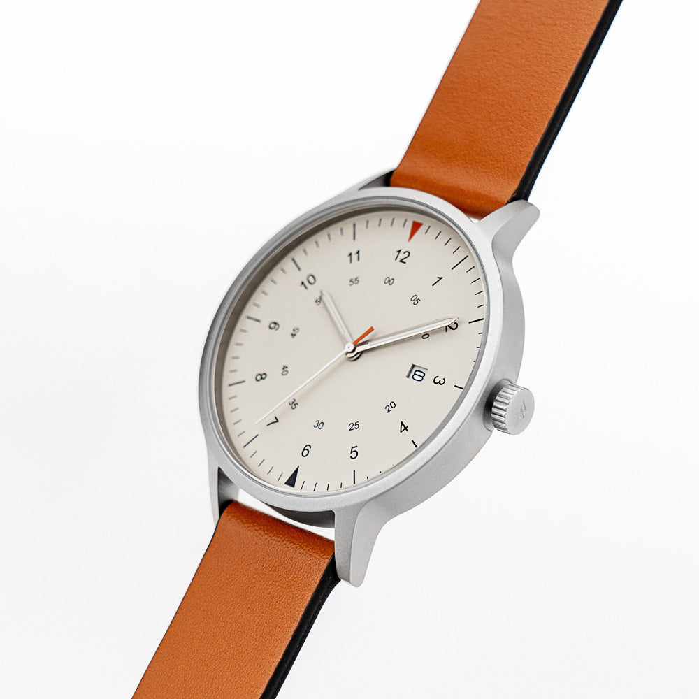 B70 Watch, Silver Case, Beige Dial, Calendar, Luminous, Leather Strap - Tan