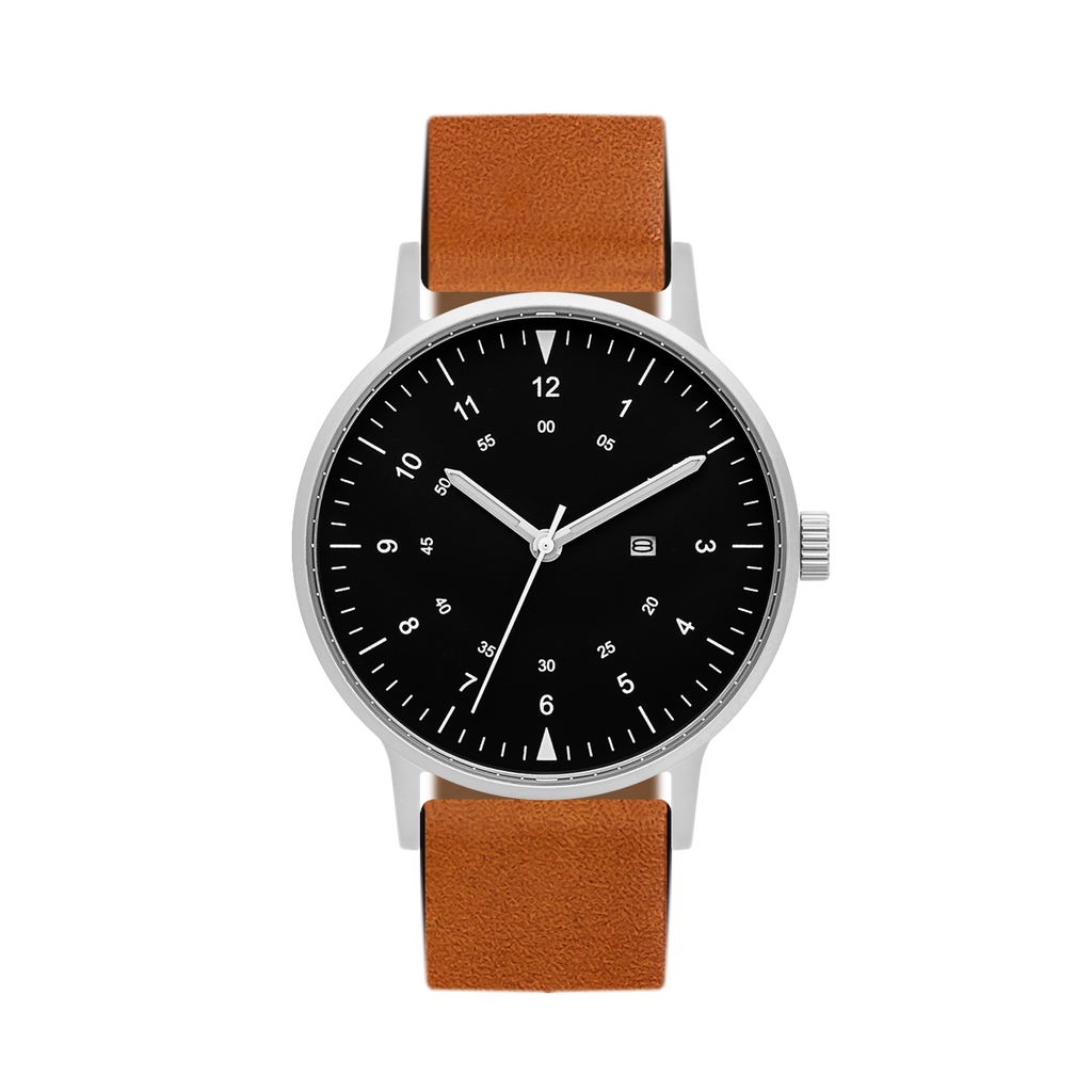 B70 Watch, Silver Case, Black Dial, Calendar, Luminous, Leather Strap - Tan