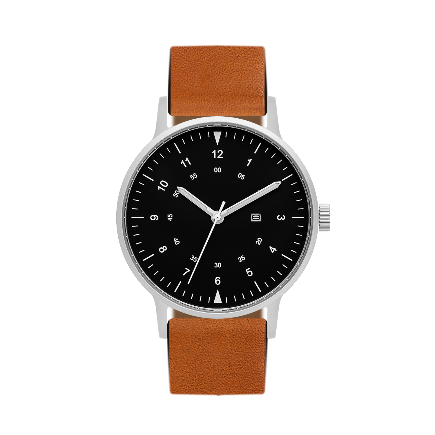 B70 Watch, Silver Case, Black Dial, Calendar, Luminous, Leather Strap - Tan