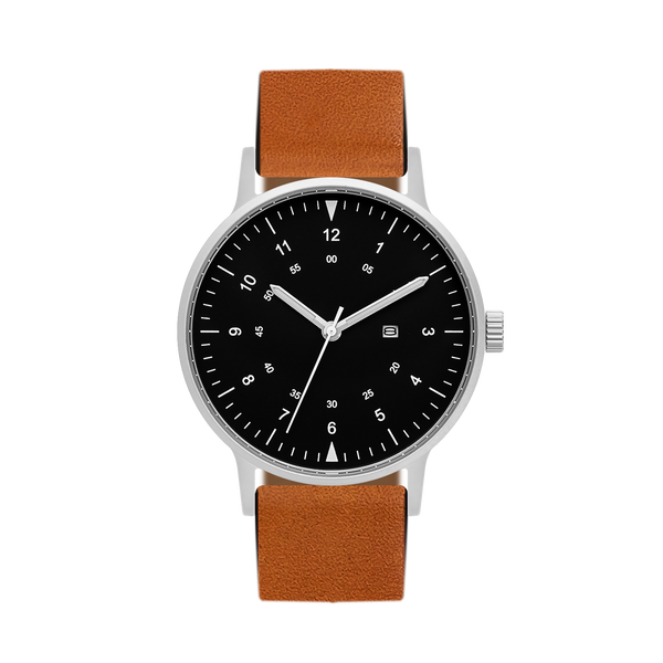 B70 Watch, Silver Case, Black Dial, Calendar, Luminous, Leather Strap - Tan