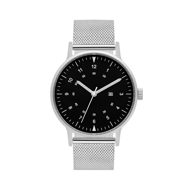B70 Watch, Silver Case, Black Dial, Calendar, Luminous, Stainless Steel Mesh Strap
