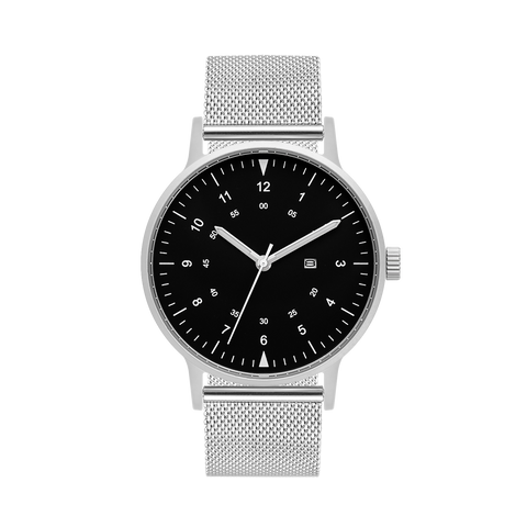 B70 Watch, Silver Case, Black Dial, Calendar, Luminous, Stainless Steel Mesh Strap