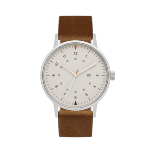 B70 Watch, Silver Case, Beige Dial, Calendar, Luminous, Leather Strap