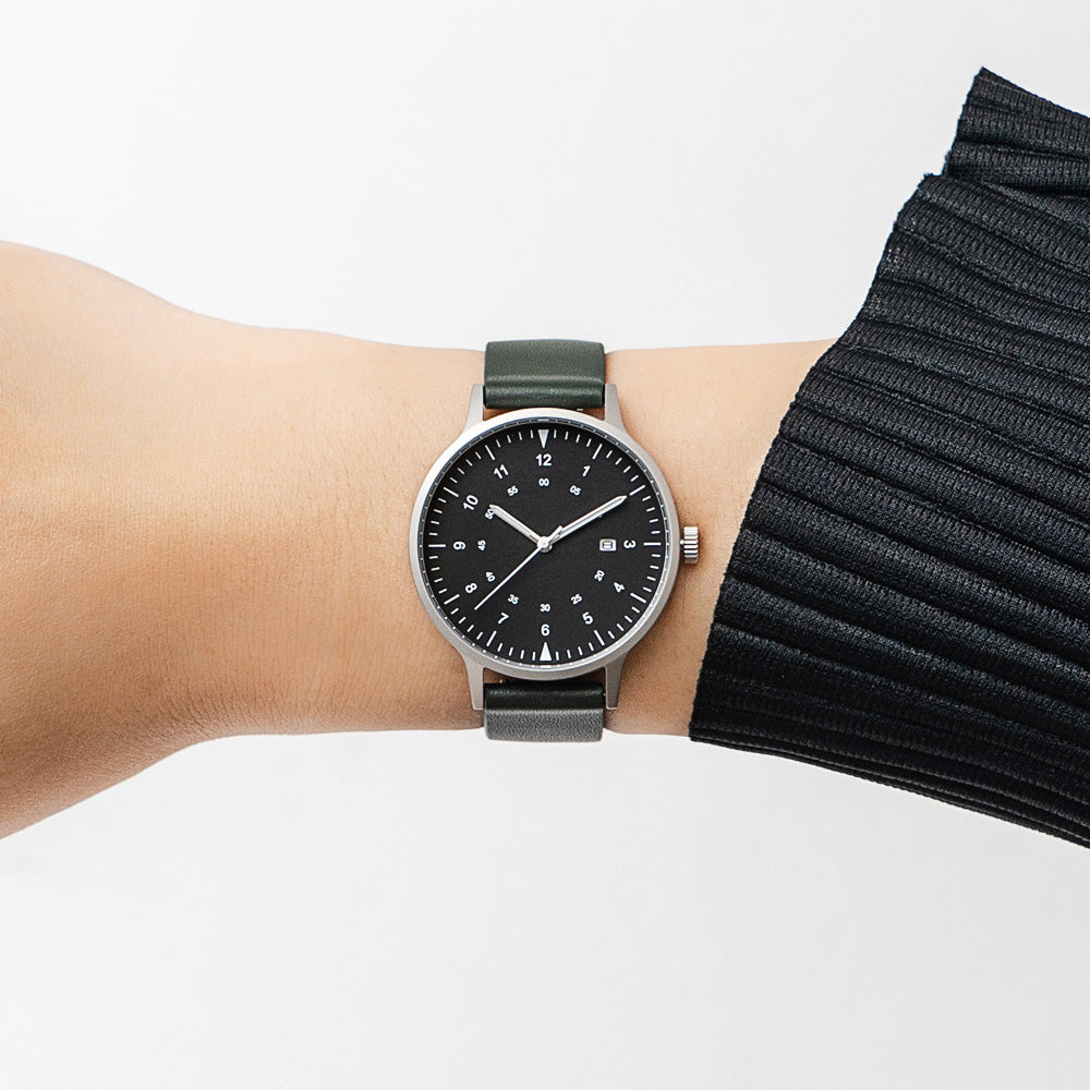 B70 Watch, Silver Case, Black Dial, Calendar, Luminous, Leather Strap - Green