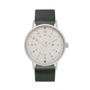 B70 Watch, Silver Case, Beige Dial, Calendar, Luminous, Leather Strap