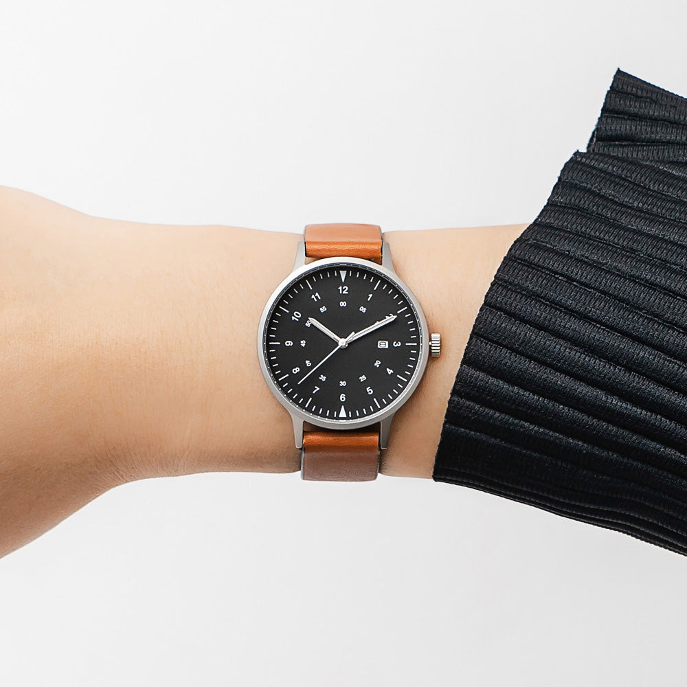 B70 Watch, Silver Case, Black Dial, Calendar, Luminous, Leather Strap - Tan