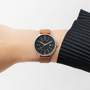 B70 Watch, Silver Case, Black Dial, Calendar, Luminous, Leather Strap - Tan