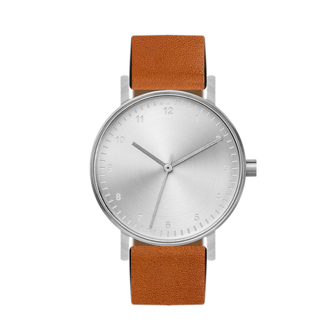 B60 Watch, Silver Case, silver Dial, Leather Strap - Tan