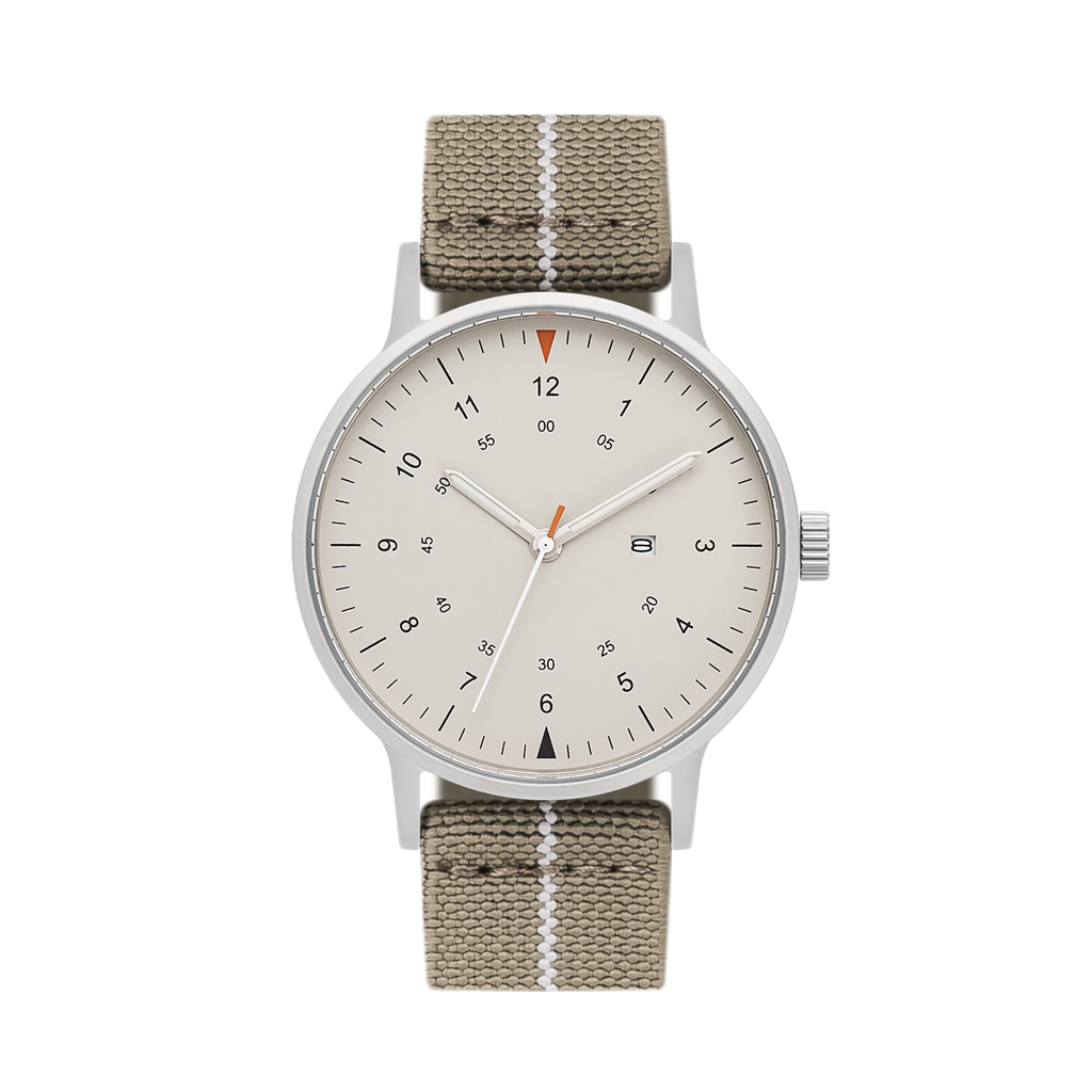 B70 Watch, Silver Case, Beige Dial, Calendar, Luminous, Stretch Nylon straps - Khaki