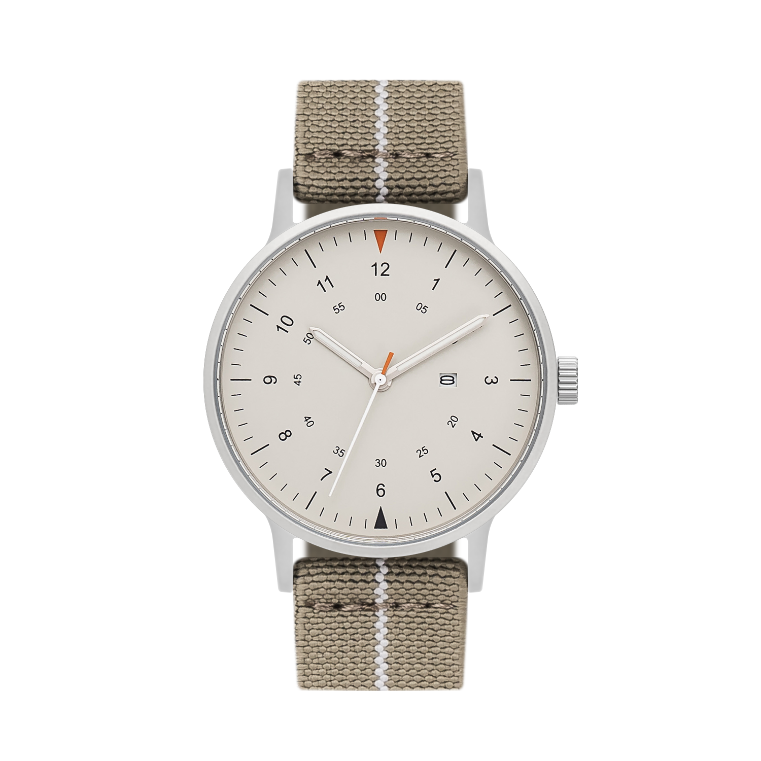 B70 Watch, Silver Case, Beige Dial, Calendar, Luminous, Stretch Nylon straps - Khaki