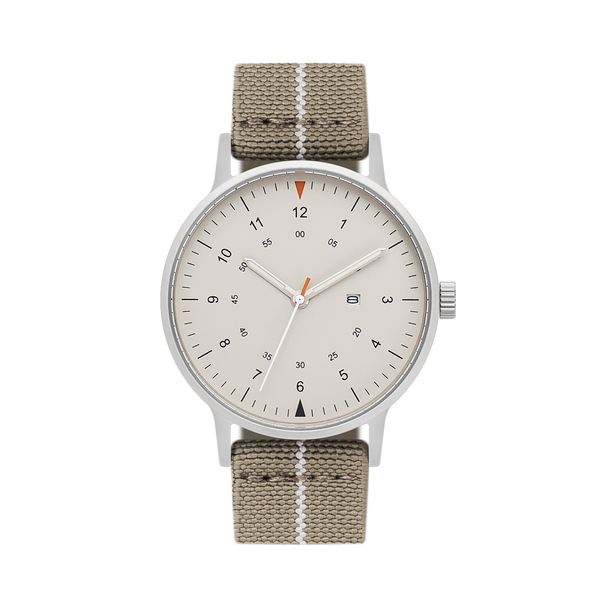 B70 Watch, Silver Case, Beige Dial, Calendar, Luminous, Stretch Nylon straps - Khaki