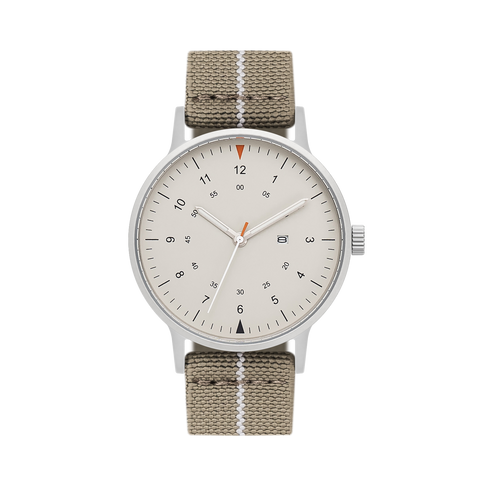 B70 Watch, Silver Case, Beige Dial, Calendar, Luminous, Stretch Nylon straps - Khaki