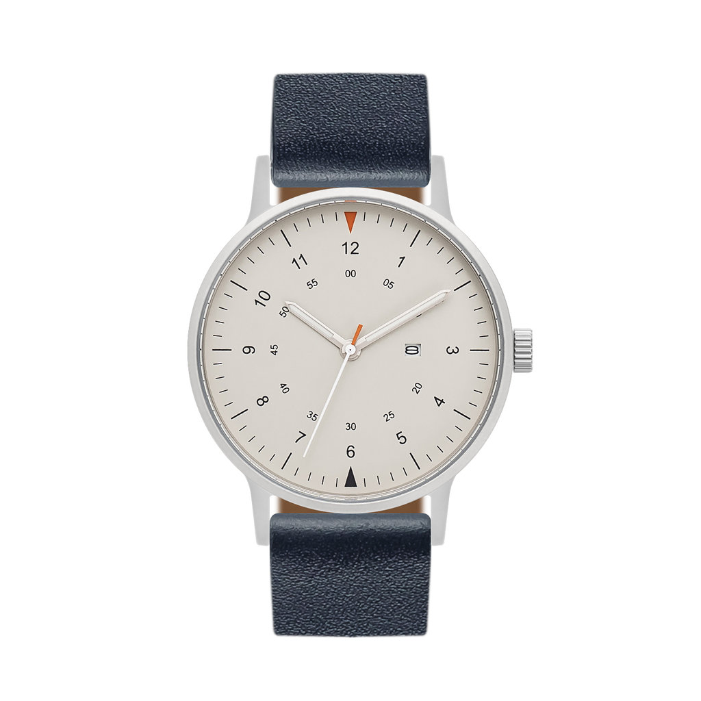 B70 Watch, Silver Case, Beige Dial, Calendar, Luminous, Leather Strap - Navy