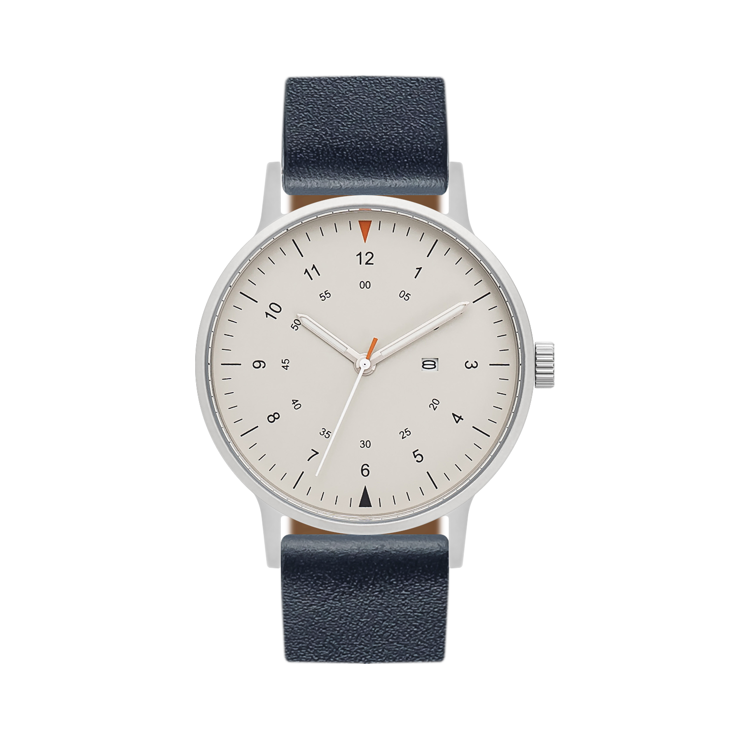 B70 Watch, Silver Case, Beige Dial, Calendar, Luminous, Leather Strap - Navy