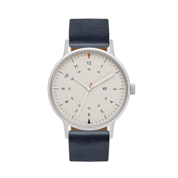 B70 Watch, Silver Case, Beige Dial, Calendar, Luminous, Leather Strap - Navy