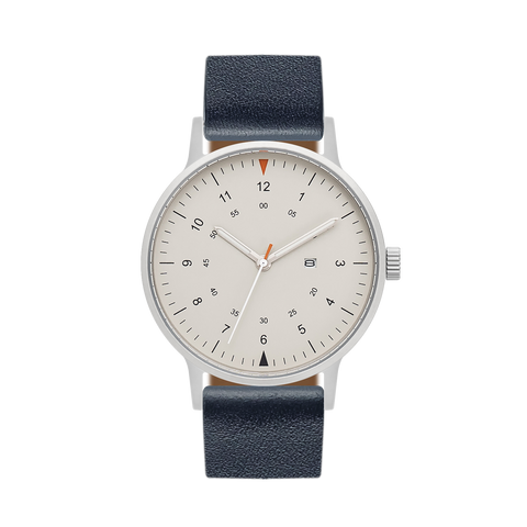 B70 Watch, Silver Case, Beige Dial, Calendar, Luminous, Leather Strap - Navy