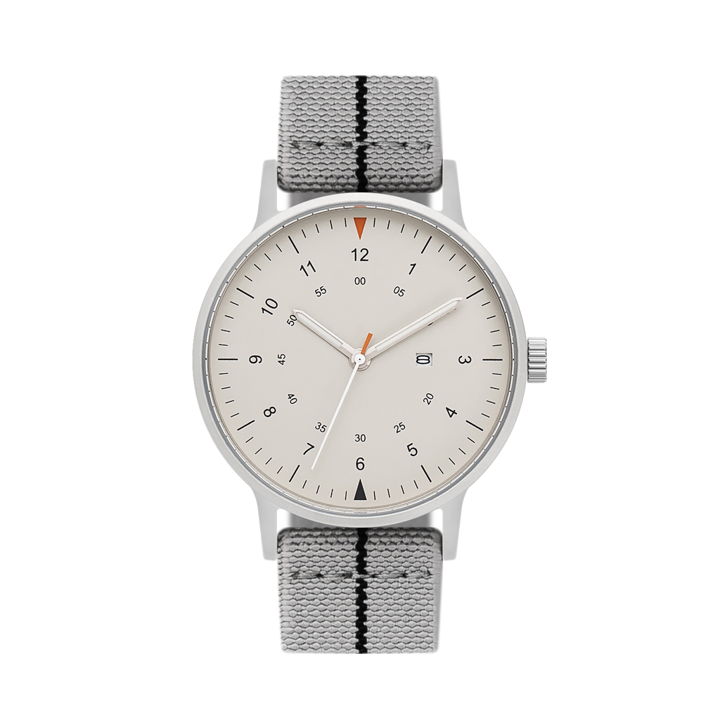 B70 Watch, Silver Case, Beige Dial, Calendar, Luminous, Stretch Nylon straps - Gray