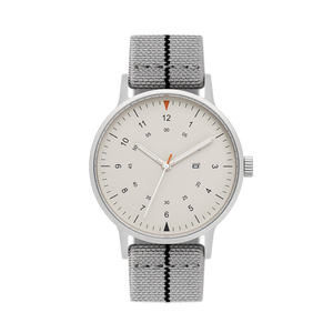 B70 Watch, Silver Case, Beige Dial, Calendar, Luminous, Stretch Nylon straps - Gray
