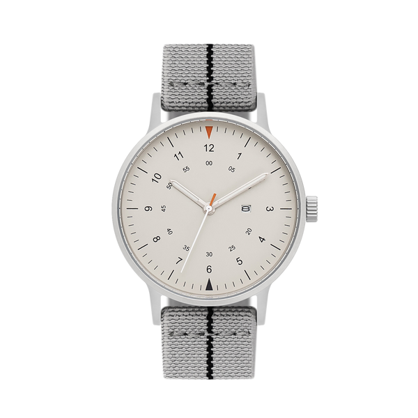 B70 Watch, Silver Case, Beige Dial, Calendar, Luminous, Stretch Nylon straps - Gray