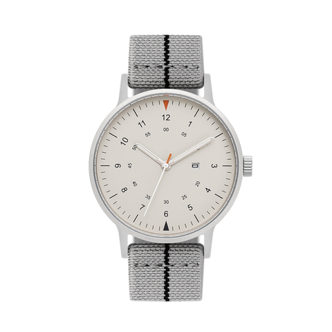 B70 Watch, Silver Case, Beige Dial, Calendar, Luminous, Stretch Nylon straps - Gray