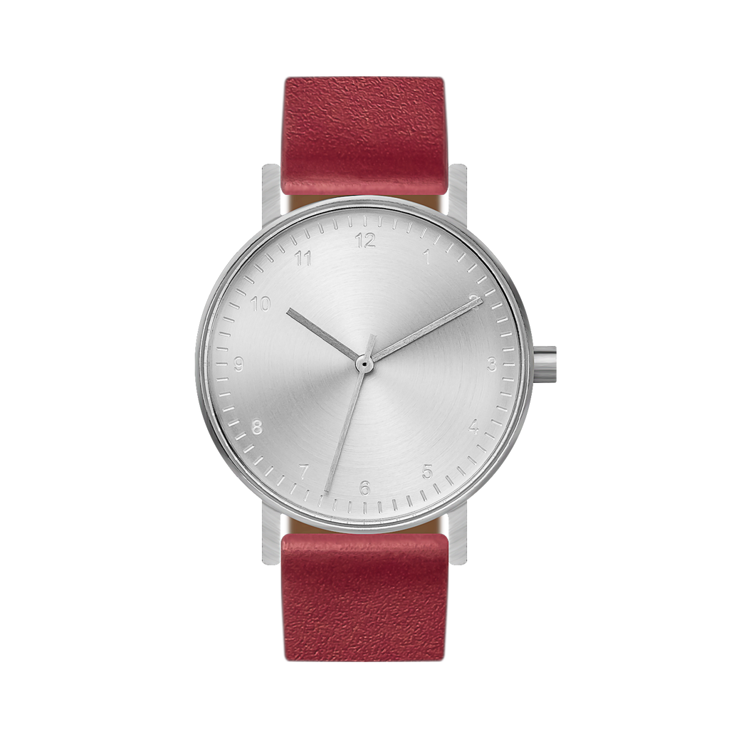 B60 Watch, Silver Case, silver Dial, Leather Strap - Red