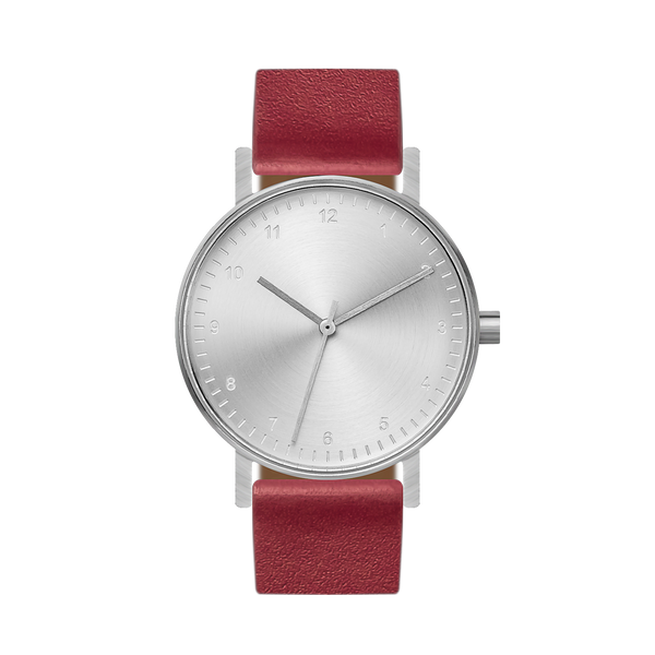 B60 Watch, Silver Case, silver Dial, Leather Strap - Red