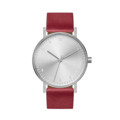B60 Watch, Silver Case, silver Dial, Leather Strap - Red