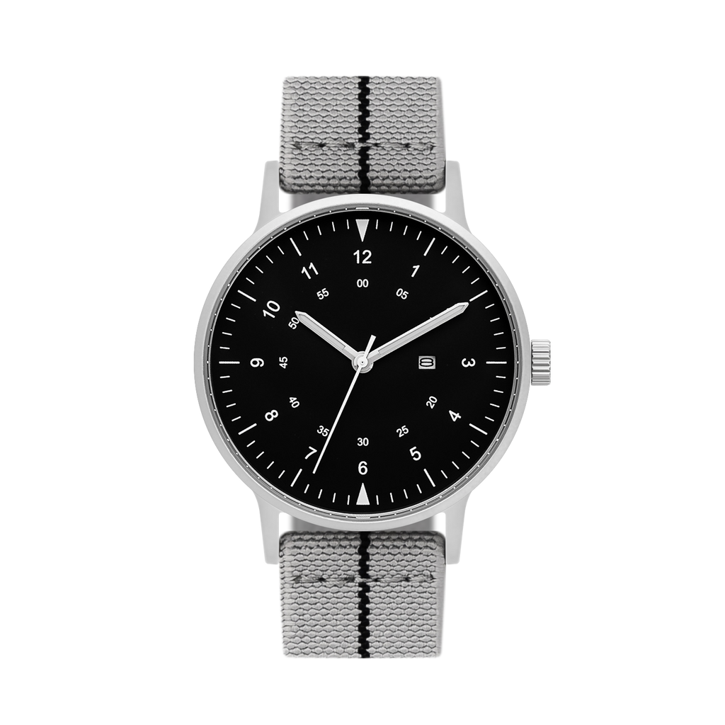 B70 Watch, Silver Case, Black Dial, Calendar, Luminous, Stretch Nylon straps - Gray