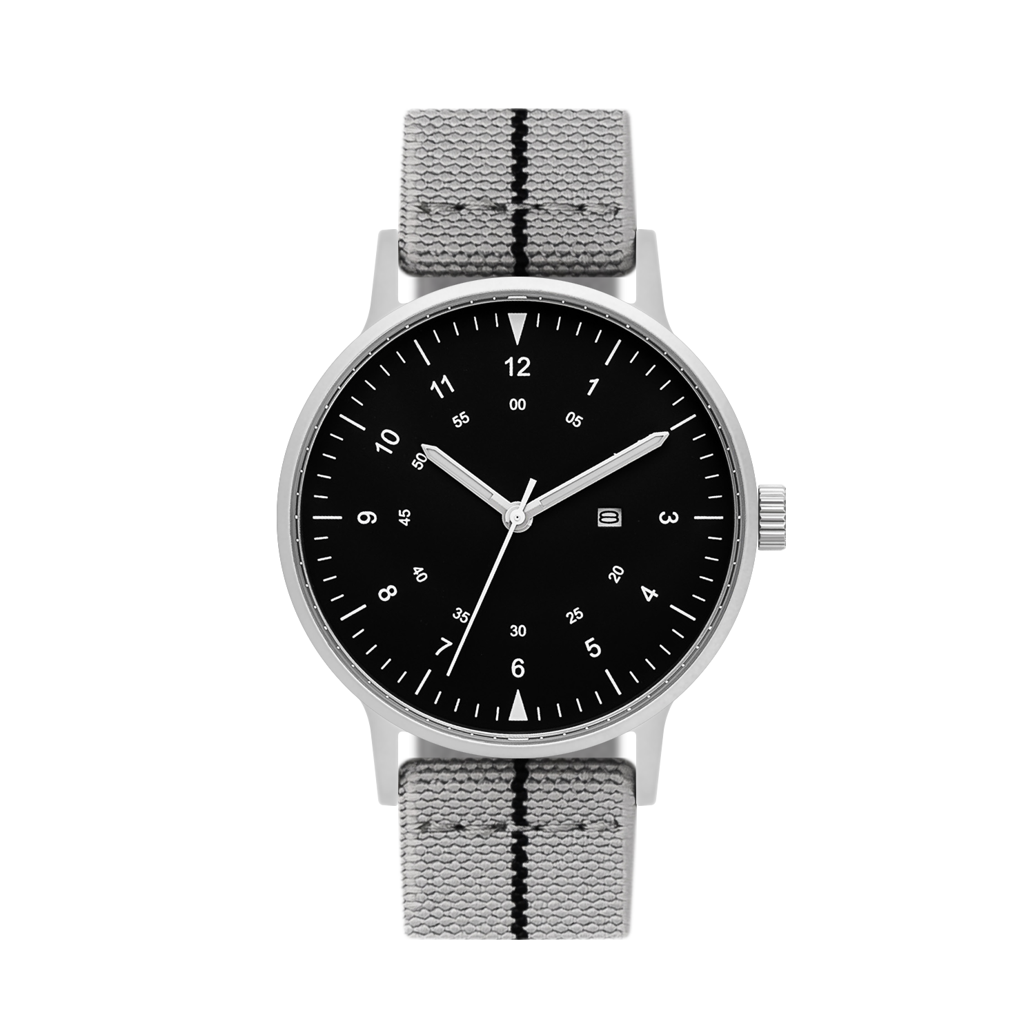 B70 Watch, Silver Case, Black Dial, Calendar, Luminous, Stretch Nylon straps - Gray