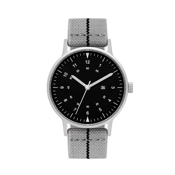B70 Watch, Silver Case, Black Dial, Calendar, Luminous, Stretch Nylon straps - Gray