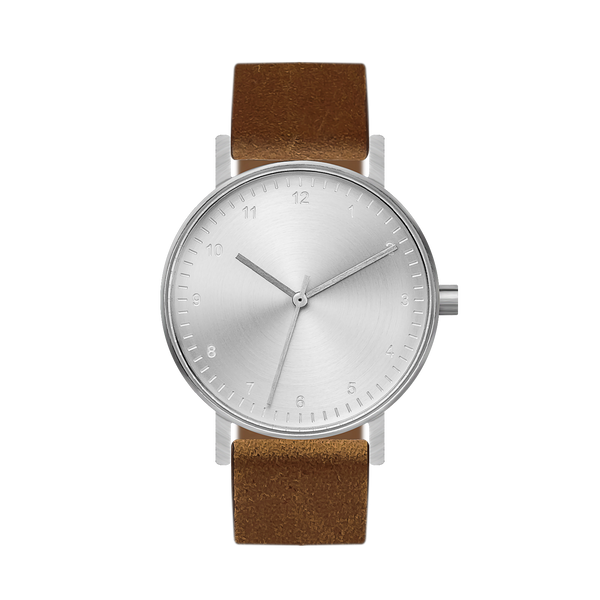 B60 Watch, Silver Case, silver Dial, Leather Strap - Brown Suede