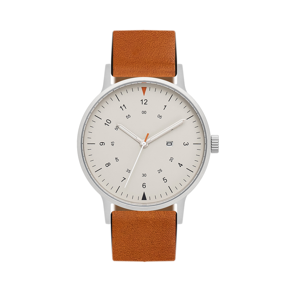 B70 Watch, Silver Case, Beige Dial, Calendar, Luminous, Leather Strap