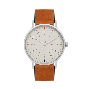 B70 Watch, Silver Case, Beige Dial, Calendar, Luminous, Leather Strap