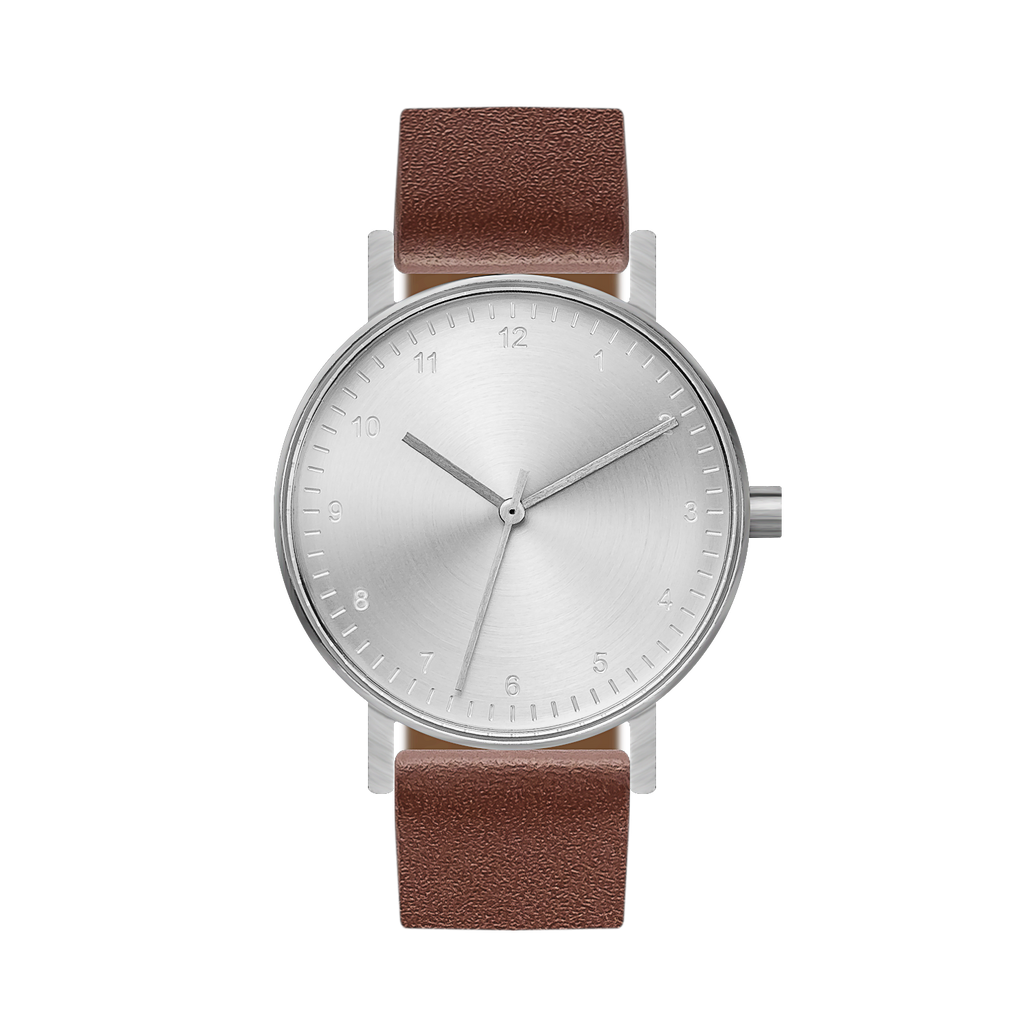 B60 Watch, Silver Case, silver Dial, Leather Strap - Coffee