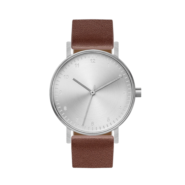 B60 Watch, Silver Case, silver Dial, Leather Strap - Coffee