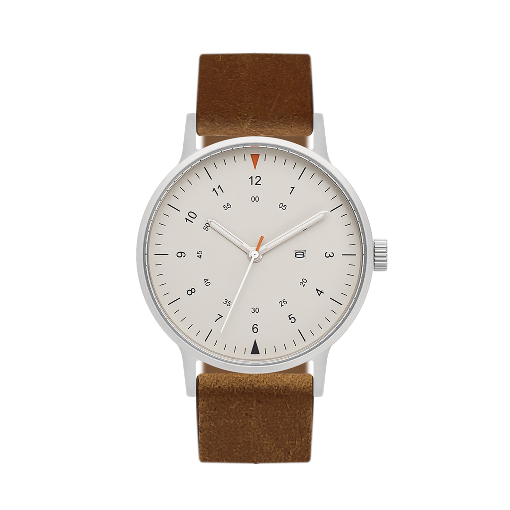 B70 Watch, Silver Case, Beige Dial, Calendar, Luminous, Leather Strap - Brown Suede
