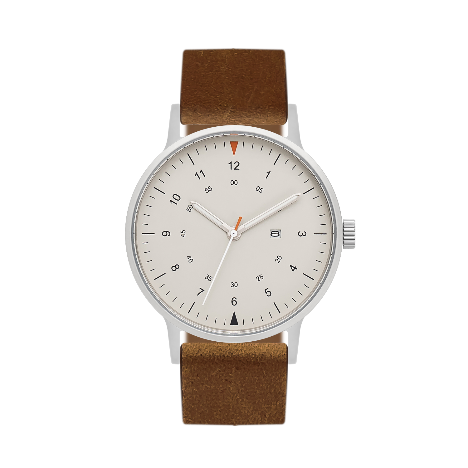 B70 Watch, Silver Case, Beige Dial, Calendar, Luminous, Leather Strap - Brown Suede