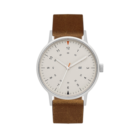 B70 Watch, Silver Case, Beige Dial, Calendar, Luminous, Leather Strap - Brown Suede