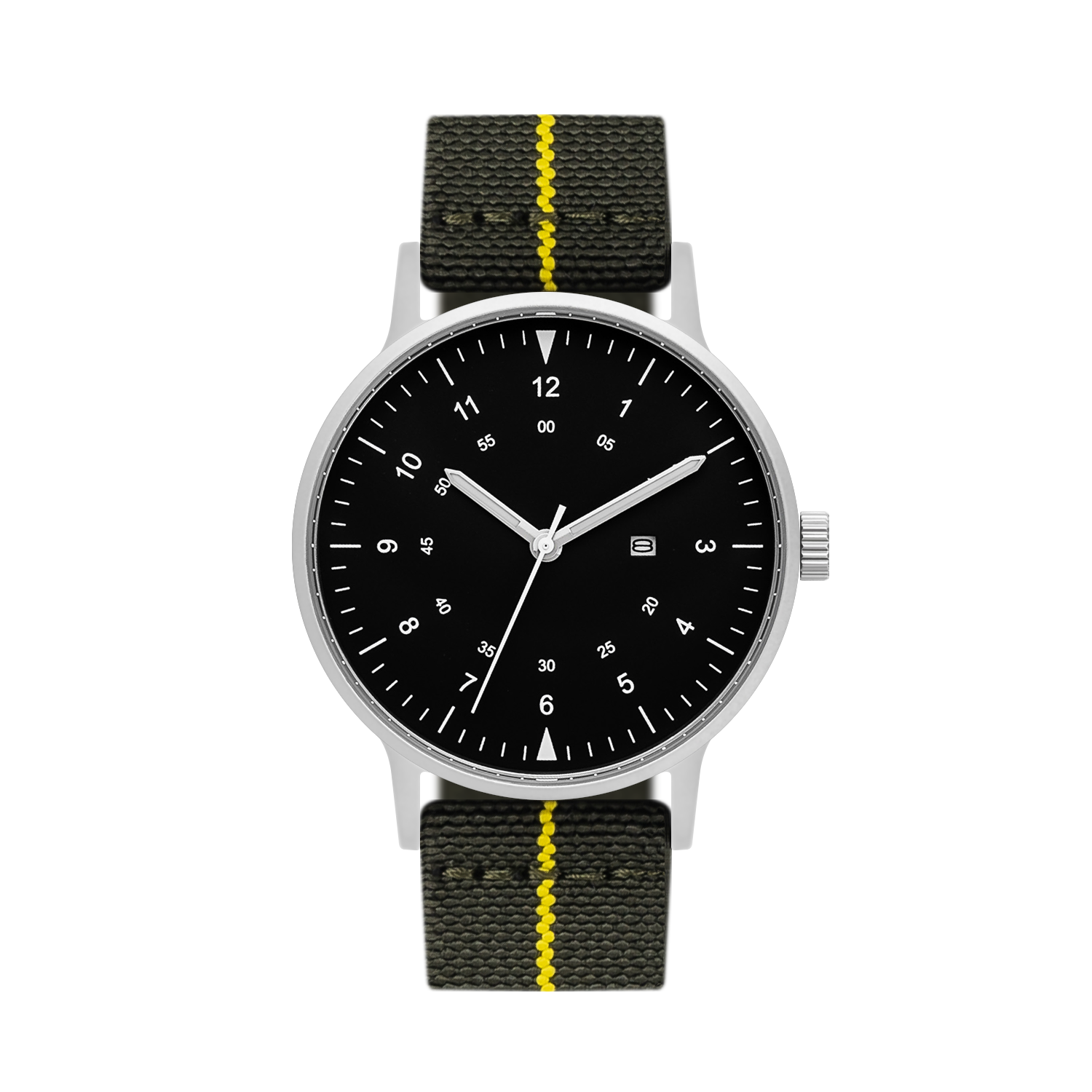 B70 Watch, Silver Case, Black Dial, Calendar, Luminous, Stretch Nylon straps - Green
