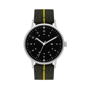 B70 Watch, Silver Case, Black Dial, Calendar, Luminous, Stretch Nylon straps - Green