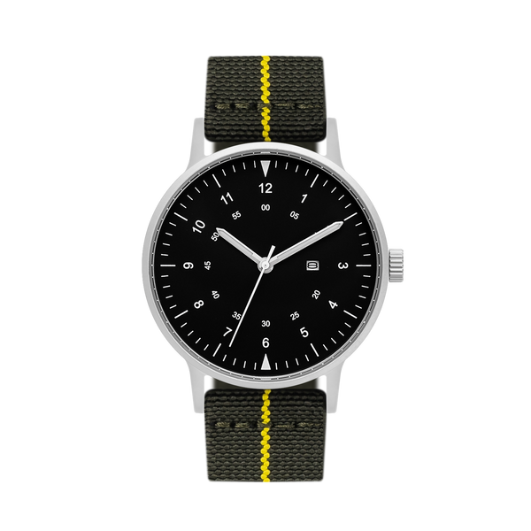 B70 Watch, Silver Case, Black Dial, Calendar, Luminous, Stretch Nylon straps - Green