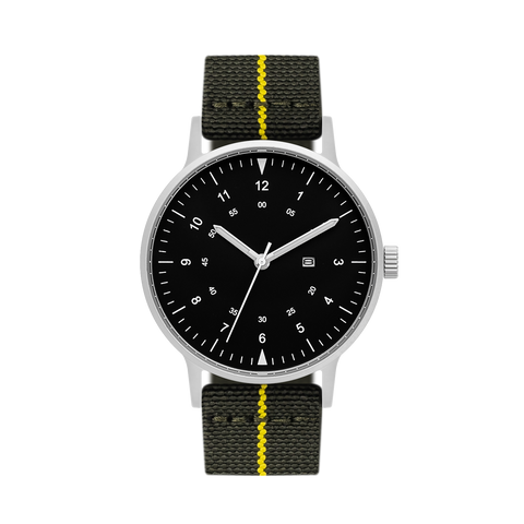 B70 Watch, Silver Case, Black Dial, Calendar, Luminous, Stretch Nylon straps - Green