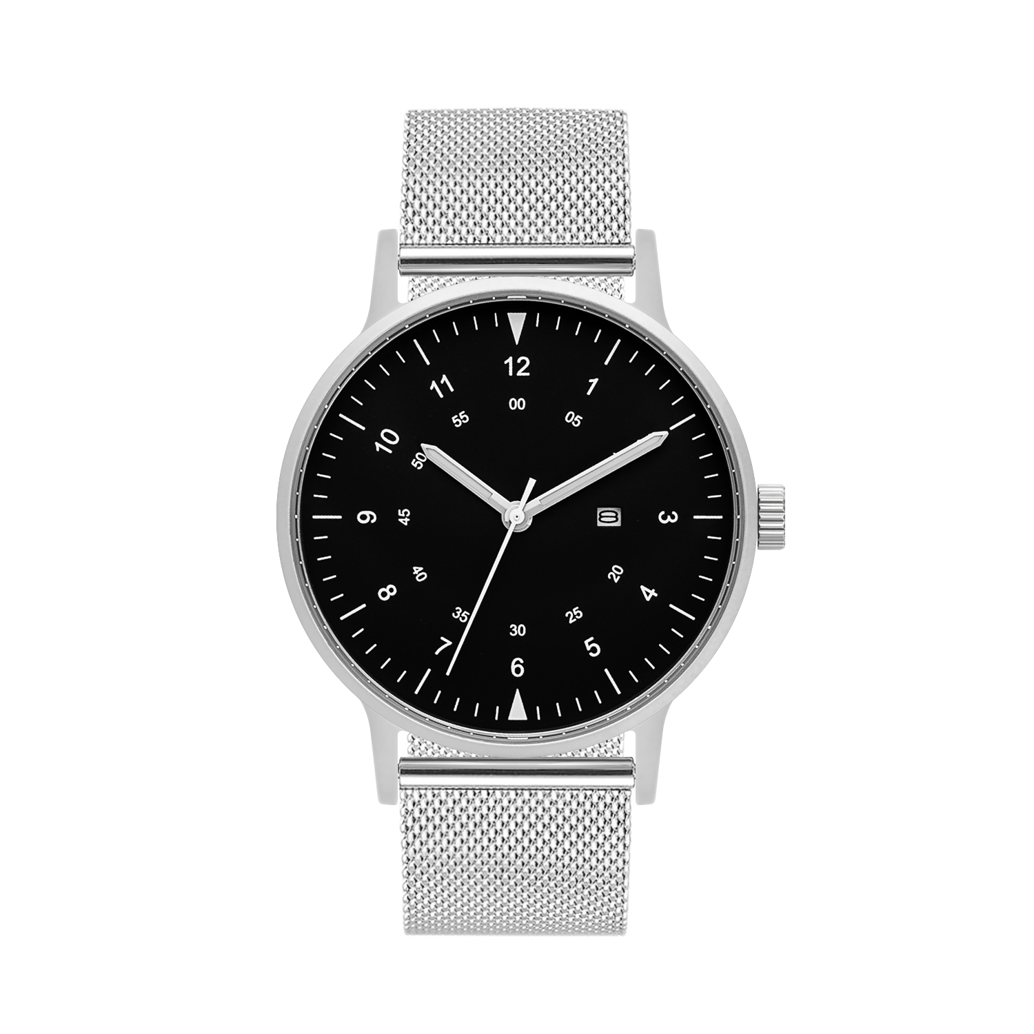 B70 Watch, Silver Case, Black Dial, Calendar, Luminous, Stainless Steel Mesh Strap