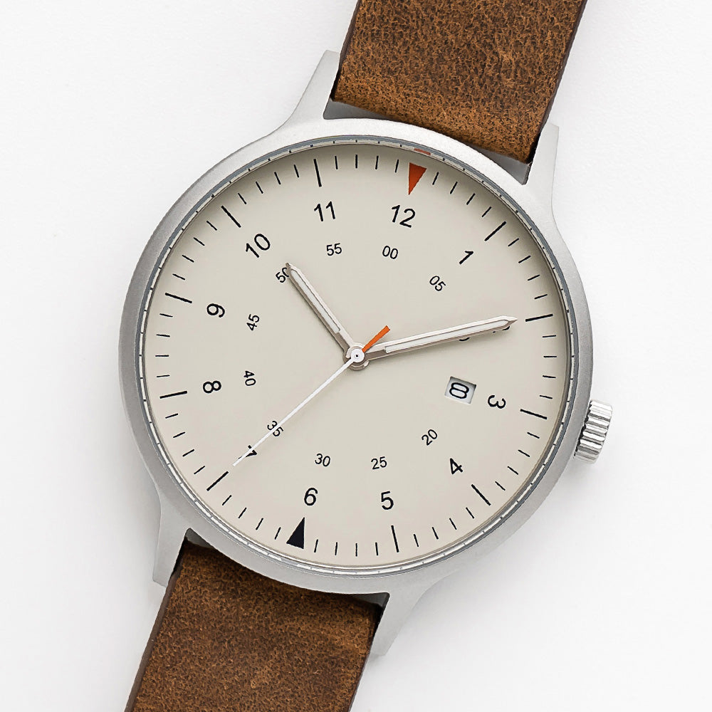 B70 Watch, Silver Case, Beige Dial, Calendar, Luminous, Leather Strap - Brown Suede