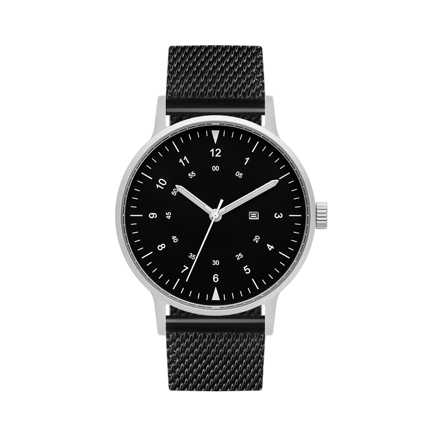 B70 Watch, Silver Case, Black Dial, Calendar, Luminous, Black Stainless Steel Mesh Strap