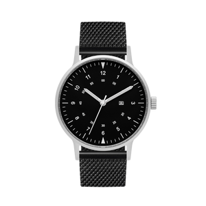 B70 Watch, Silver Case, Black Dial, Calendar, Luminous, Black Stainless Steel Mesh Strap