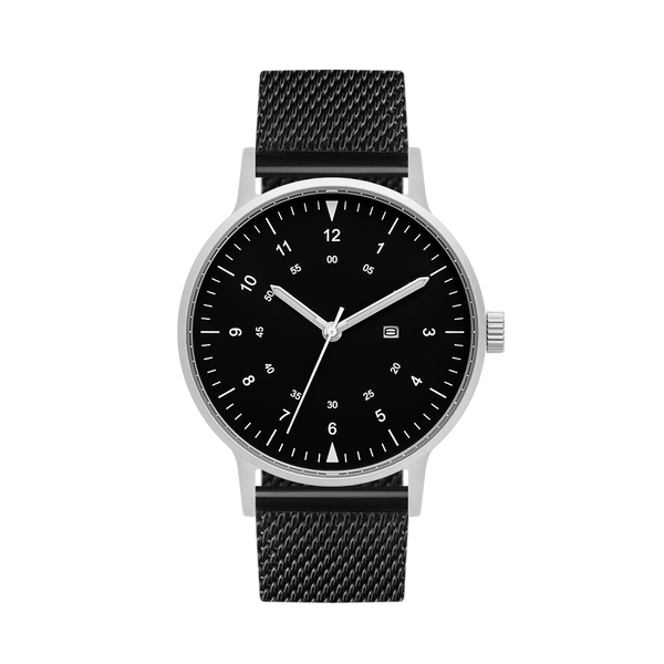 B70 Watch, Silver Case, Black Dial, Calendar, Luminous, Black Stainless Steel Mesh Strap