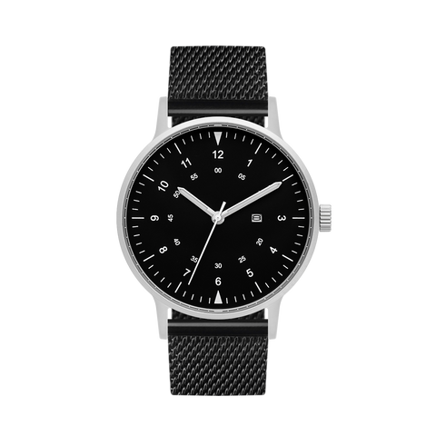 B70 Watch, Silver Case, Black Dial, Calendar, Luminous, Black Stainless Steel Mesh Strap