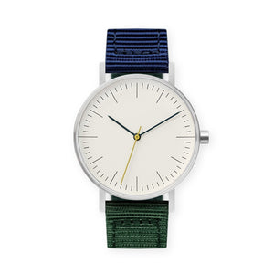 B001 Watch, Silver Case, Off White Dial, Nylon Strap - Green/Navy - BIJOUONE